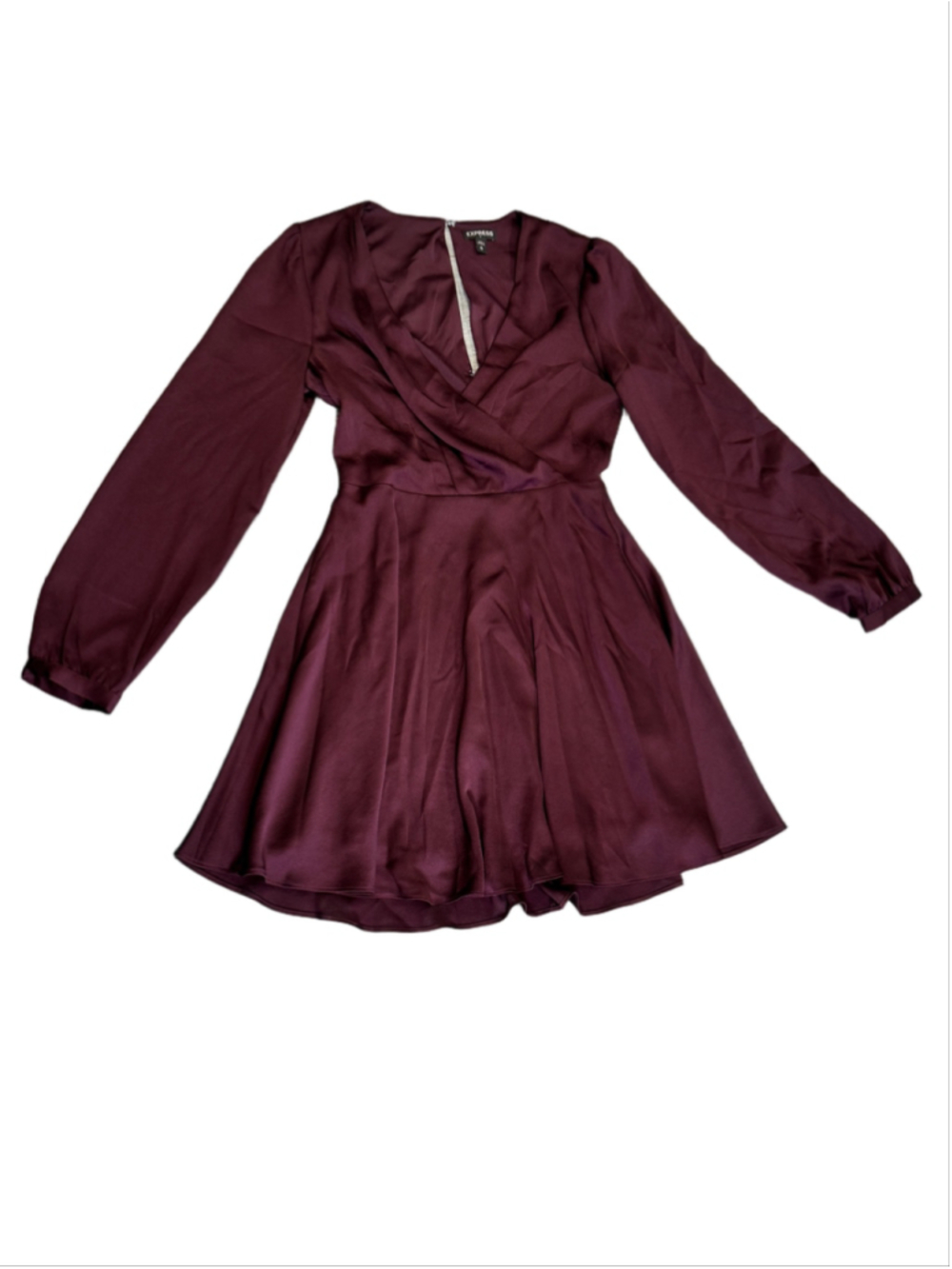Express Deep Plunge Eggplant A-Line Baby Doll Long Sleeve Dress